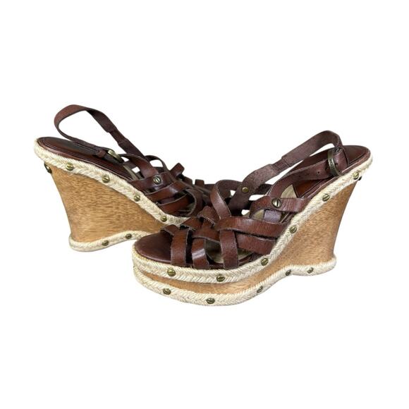 Michael Kors Y2K Brown Leather Studded Espadrille Wedge Sandals Size 6 - Picture 1 of 12